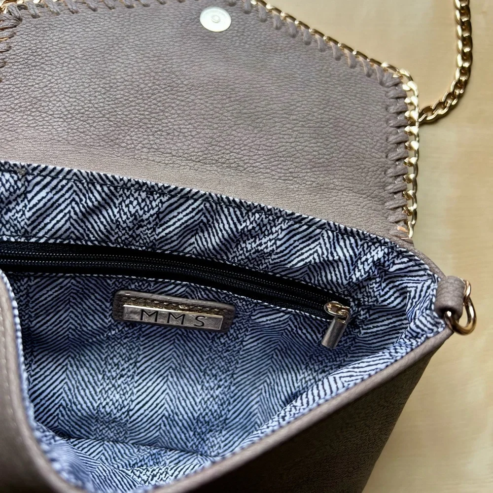 MMS Design Studio Taupe Crossbody Bag with Gold-Tone Chain & Whipstitch Trim - Picture 10 of 10